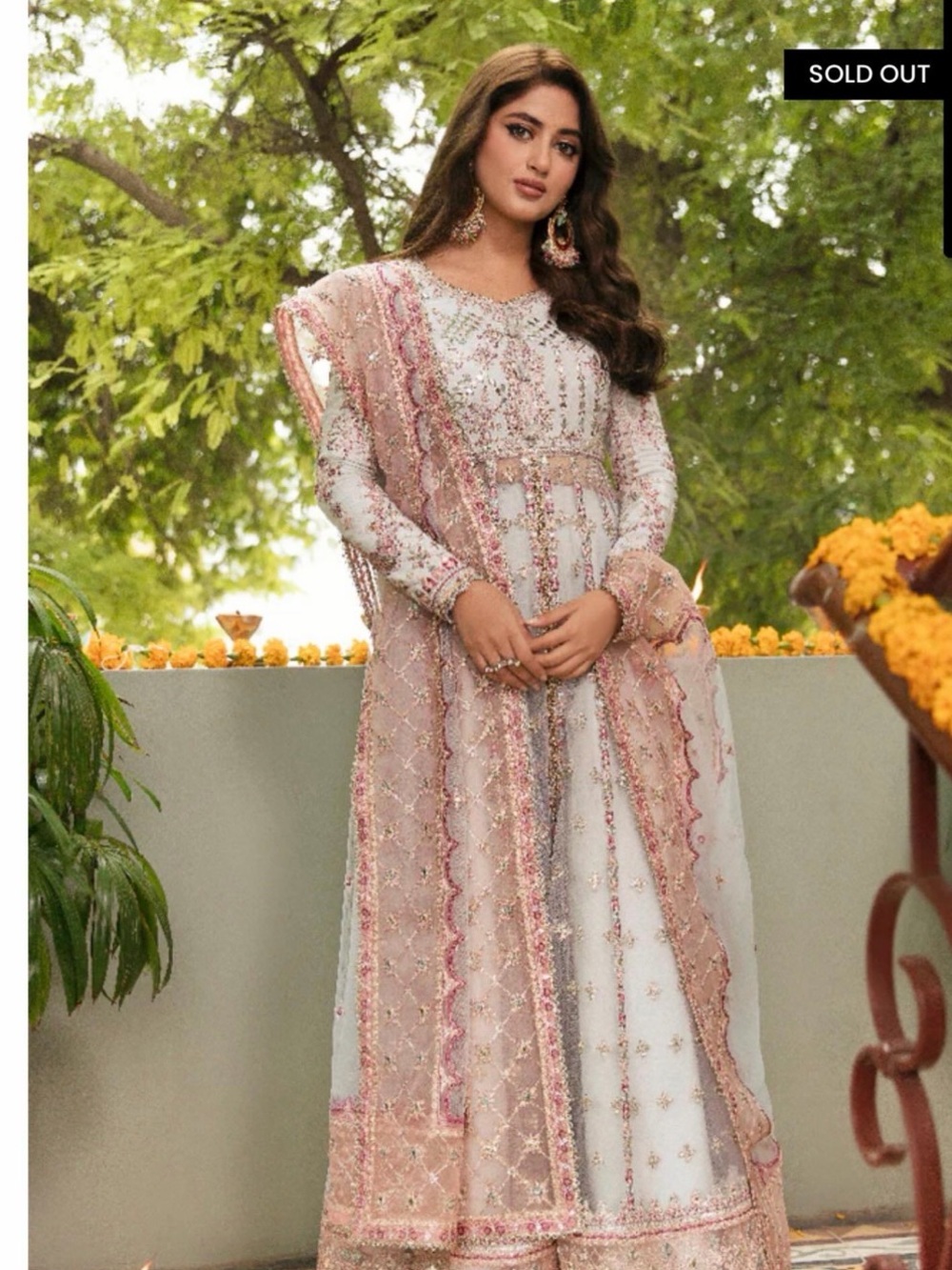 Qalamkar Pakistani Embellished Pink & White Formal Women's Dress